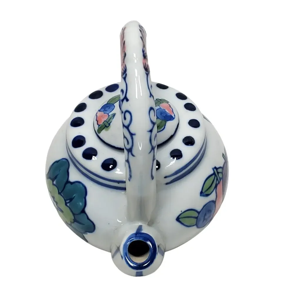 Vtg Blue & White Tea Pot Vegetables Handpainted 5 in Tall Made in China